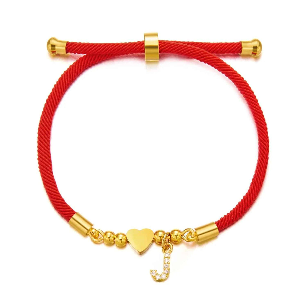 New Gold Stainless Steel Heart Initial Letter Bracelet - Red Rope Charm Jewelry for Men & Women, Lucky Gift