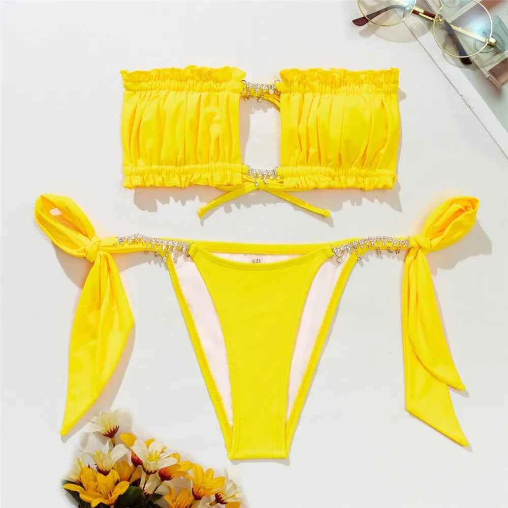 Sexy Rhinestone Chain Micro Thong Bikini Women Swimwear Ruffled Bandeau Swimsuit Knotted Bathing Swimming Suit Bikinis Sets 2026