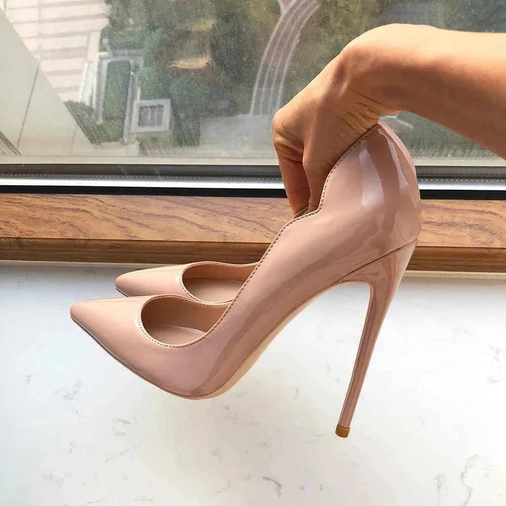 Tikicup Solid Nude Patent Women Pointy Toe Stiletto High Heels Slip On OL Wedding Party Dress Shoes Elegant Ladies Formal Pumps