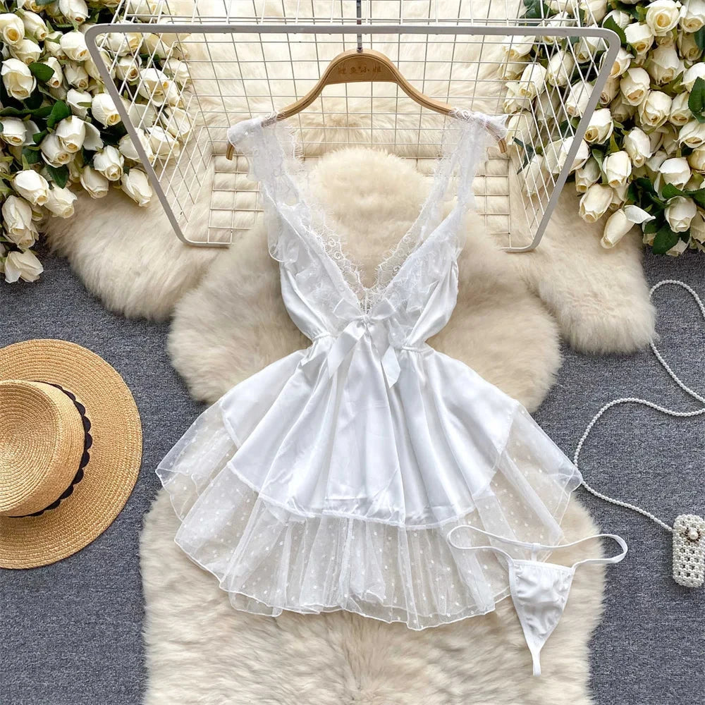 Summer Girls Sexy Hot Sweet Transparent Suspender Mini Dress Women Elastic Waist And Backless Strap Lolita Pajamas Bubble Skirt