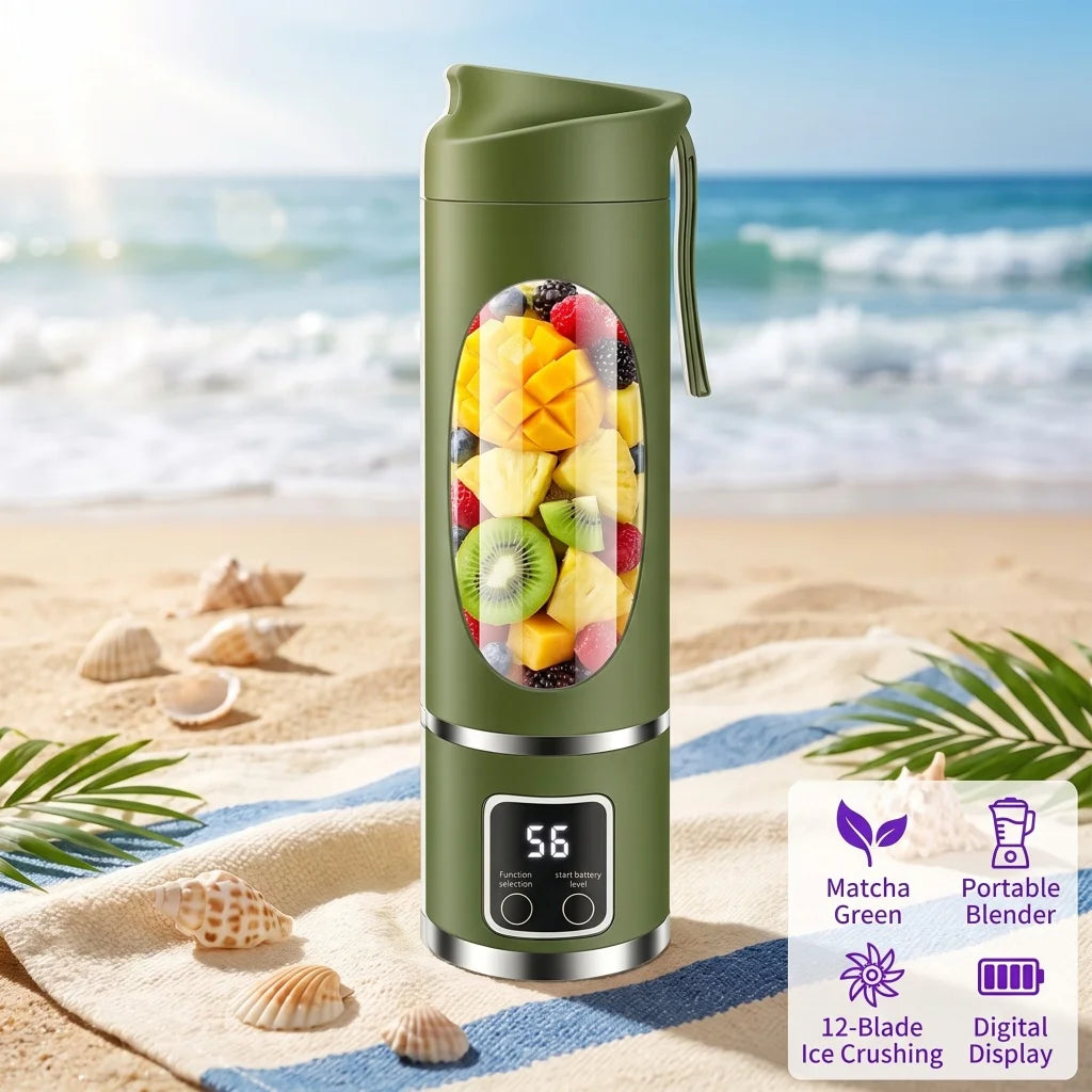 450ml Portable Juicer Blender Cup 12 Stainless Steel Blades 3 Speed Modes USB Charging Digital Screen Travel Smoothie Maker Rechargeable Mini Fruit Juice Mixer Easy To Clean For Sports Office Camping