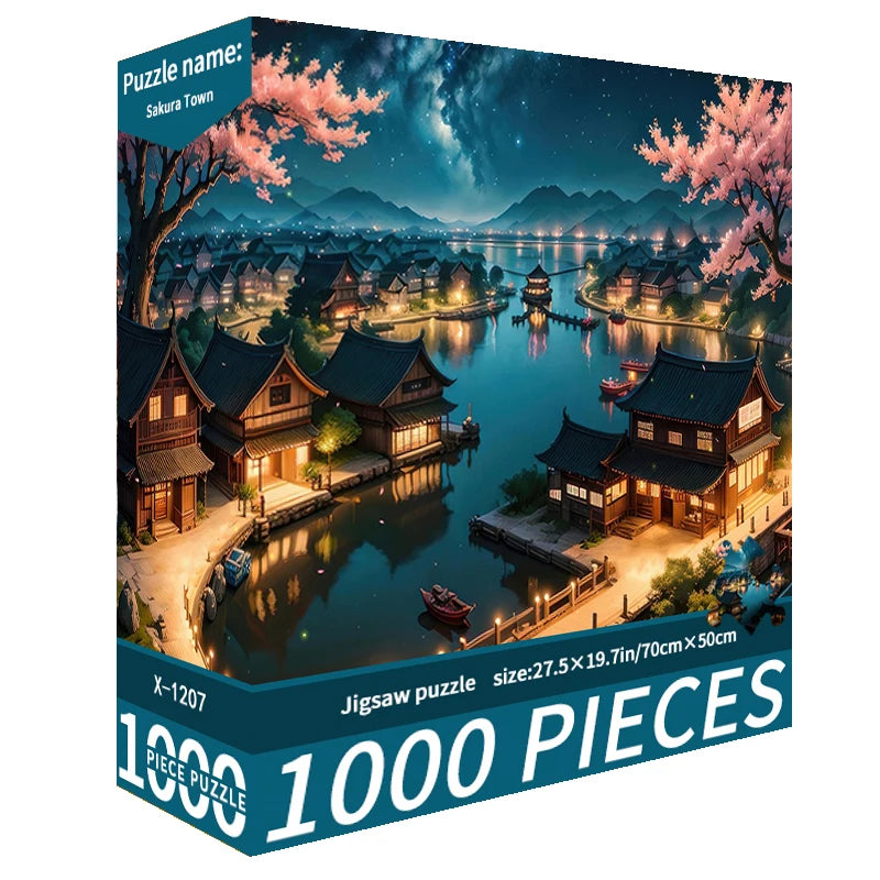 1000pcs Sakura Town Jigsaw Puzzle – 50x70cm, Durable DIY Art Deco Frameless Canvas, Perfect Birthday Gift, Artistic Decoration