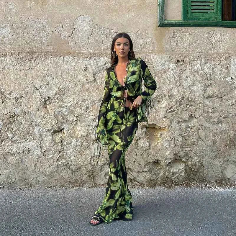 Print Y2K Mesh Long Sleeve Top Shirts Green and Maxi Skirt Bodycon Two Piece Sets Beach Outfits Women Club