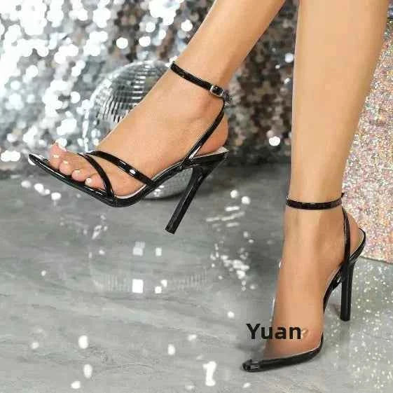 Fashionable Party High Heels Women's Pointed Toe Patent Leather Cross Ankle Strap Sandals Rubber Sole Square Head Shape