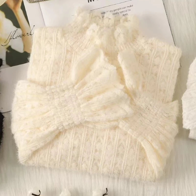 Lace Half Turtleneck Knitted Sweater Women Fall Winter Thick Warm Long Sleeve Pullover Korean Chic Slim Hollow Out Jumper New
