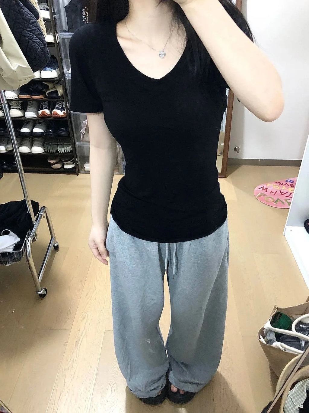 Cotton Neckline Short-sleeved Shirt for Women in Summer Basic Style Versatile Slim Fit and Sexy Top Trendy