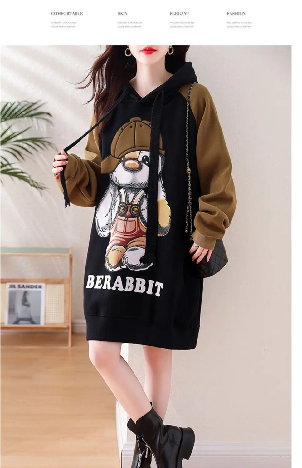 Winter Women Clothing Oversized Cartoon Fleece Dress New Hooded Drawstring Thicken Warm Female Casual Midi Long Sleeve Dresses