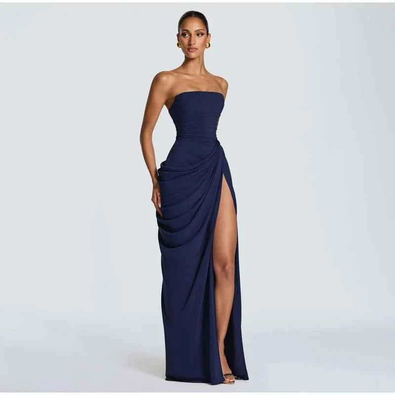 Lady Sexy Strapless Split Solid Pleated Dress Women Chic Backless High Waist Off-shoulder Dresses 2026 New Evening Party Gowns