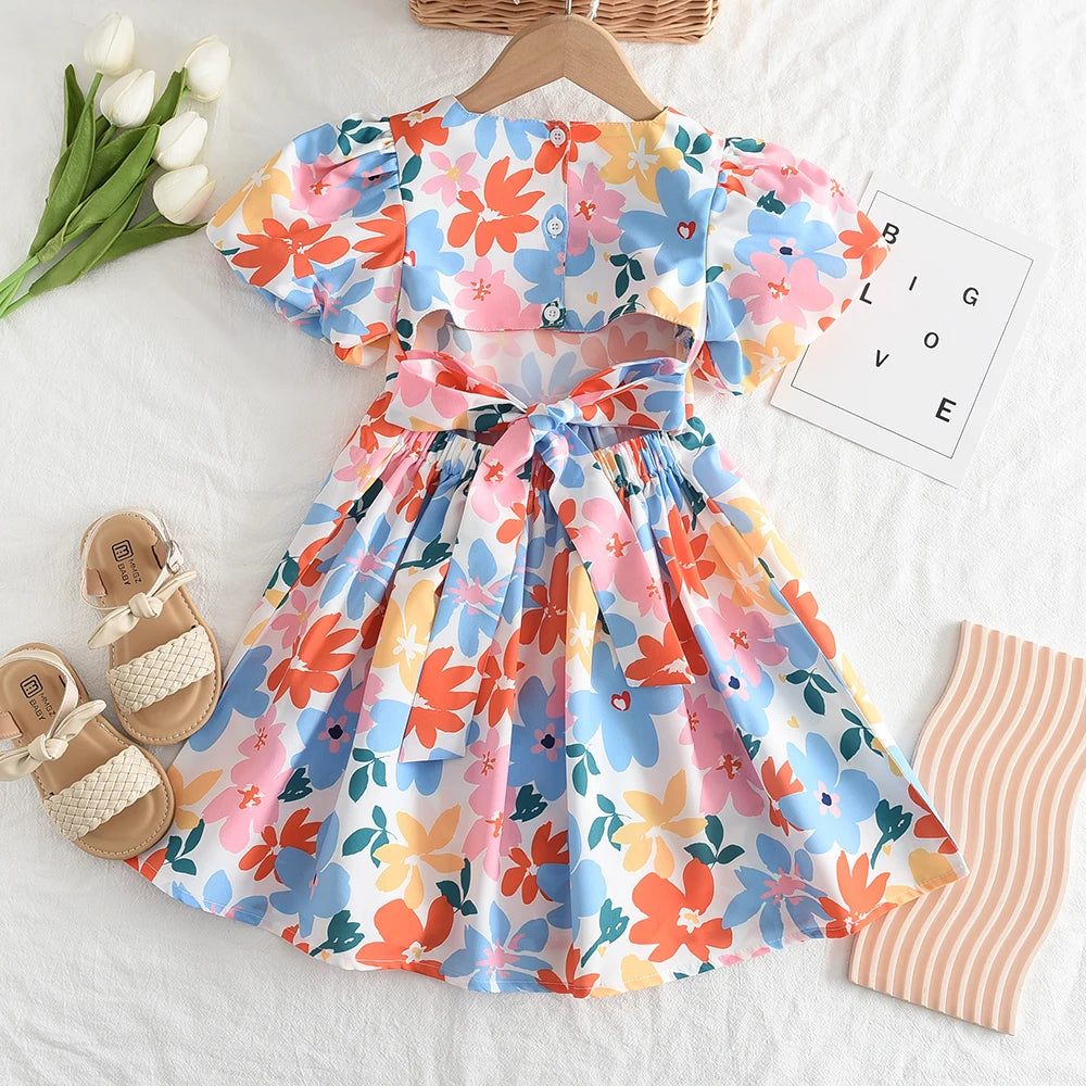 Bear Leader Girls Dresses 2023 Summer New Baby Girls Colourful Floral Short-sleeved Dresses 3-7 Years Old Girls Clothing