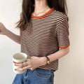 Striped Short Sleeve T-shirt Women's Summer New Korean Version Loose Retro Contrast Slim Round Neck Top Women's Fashion Casual
