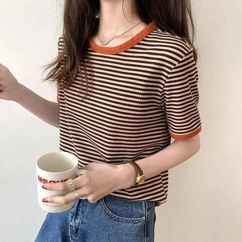Striped Short Sleeve T-shirt Women's Summer New Korean Version Loose Retro Contrast Slim Round Neck Top Women's Fashion Casual