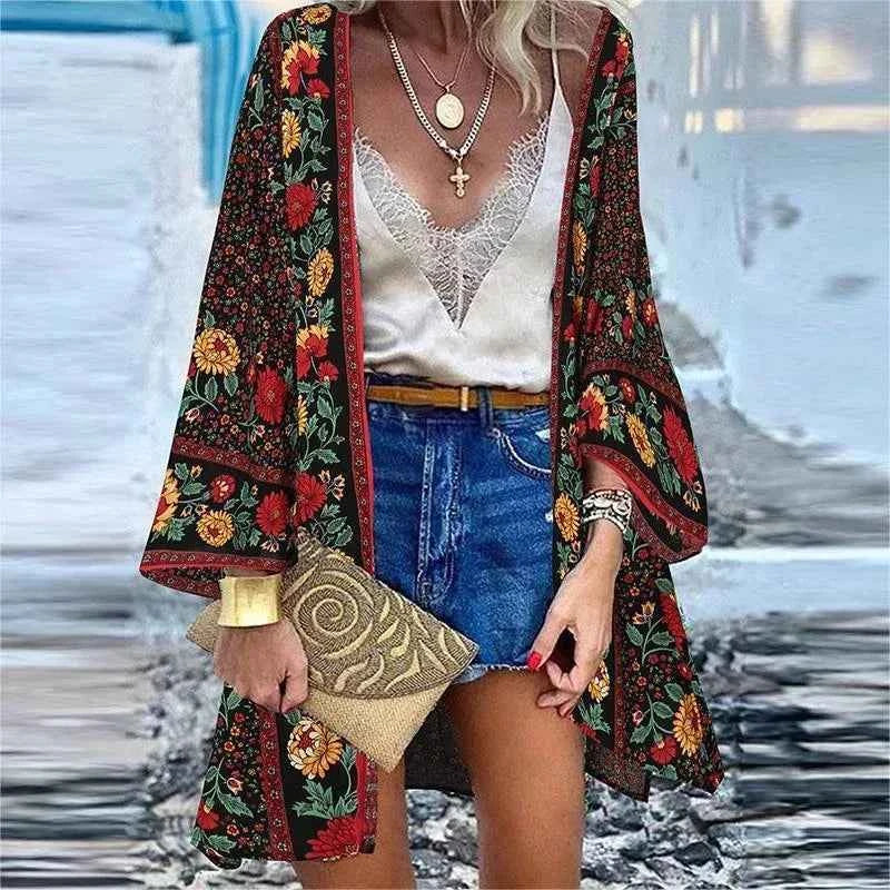 New Summer Bohemian Beach Printed Cardigan Jacket Long Sleeve Leisure Holiday Beach Swimsuit Blouse Shawl Long Coat M-5XL