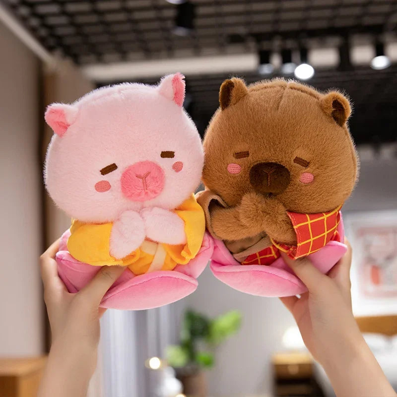 Adorable Plush Pig Bear Capybara Stuffed Animals Set Popcorn Lotus Containers Soft Home Nursery Decor Gift Kids Baby