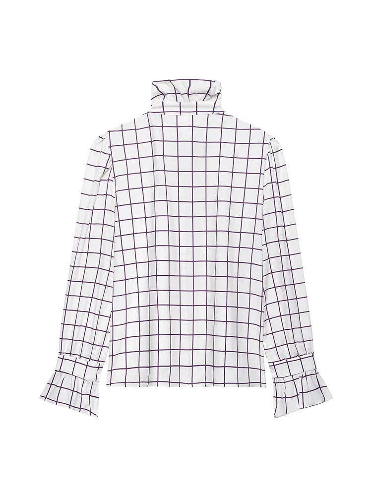 Sweet Women Ruffles Plaid Purple Shirts 2025 Fashion Ladies Casual Stand Collar Blouses for Party Female Elegant Tops Clothes