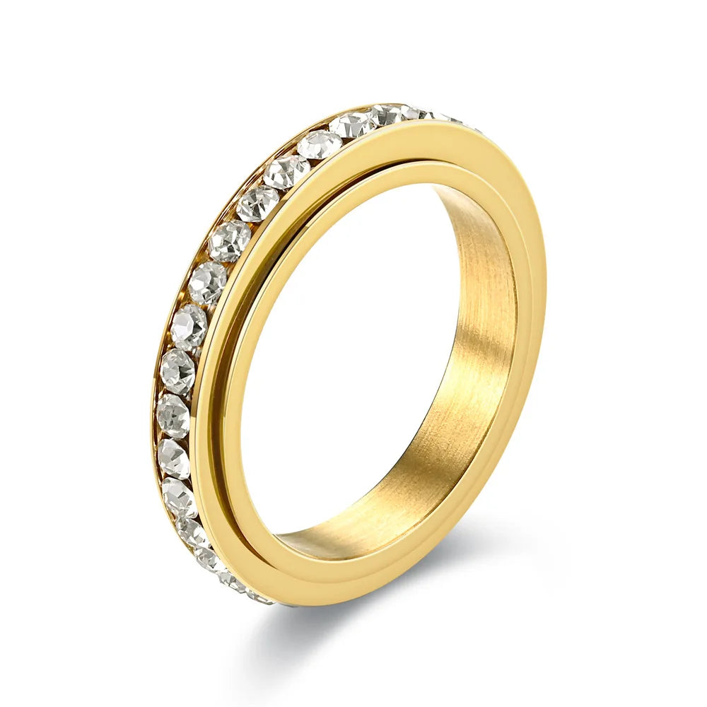 4MM Spinner Finger Rings For Women Crystal Rotatable Wedding Stainless Steel Ring Men Korean Anniversary Party Jewelry