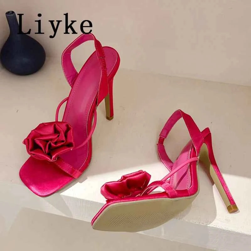 Liyke Summer Square Toe Slip On Back Strap Sandals Women Fashion Red Rose Flowers Designer High Heels Ladies Shoes Size 35-42