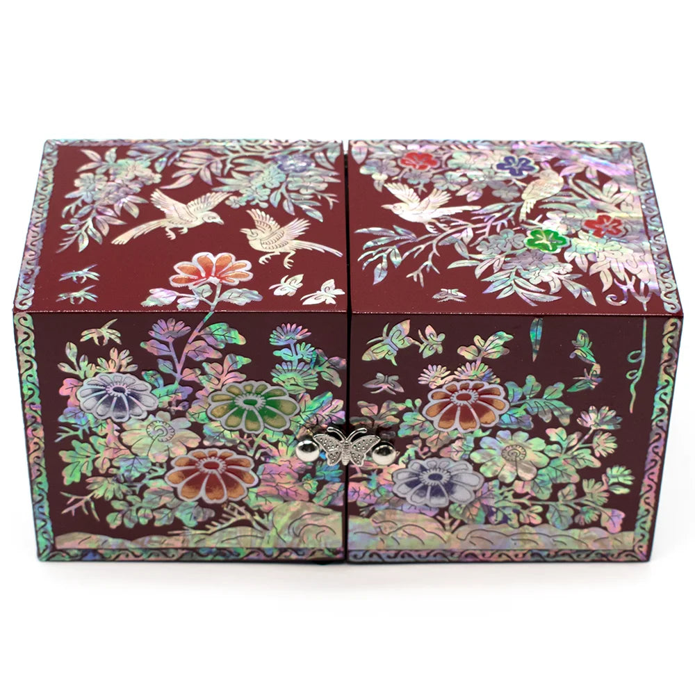 Mother of Pearl Travel Lacquer Wood Drawer Jewelry Ring Earrings Chest Box Case Sea Shell Inlaid Wooden Cube Jewelry Organizer