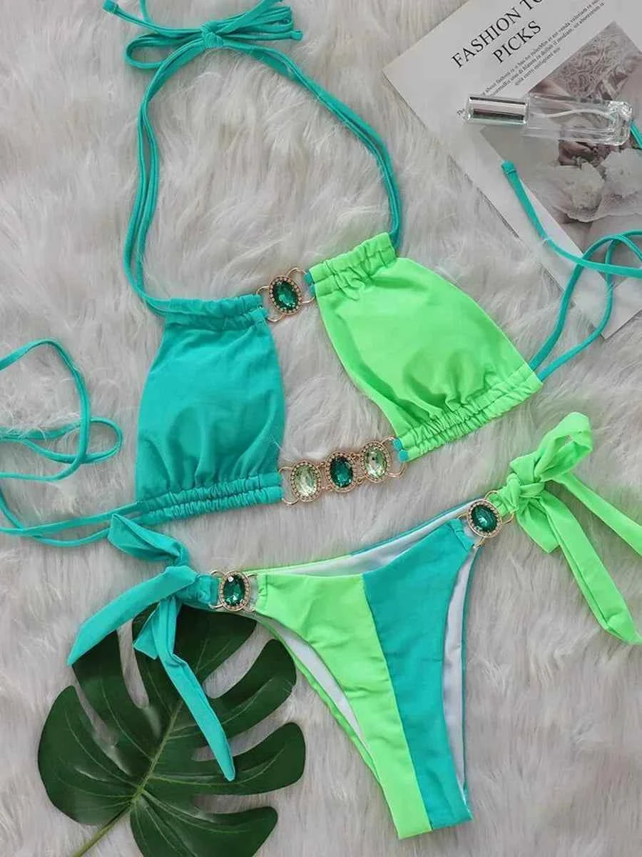 2026 Splicing Halter Diamond Bikini Women Swimsuit Female Swimwear Two Pieces Bikini Set Hollow Out Bathing Suit Swim Beach Wear