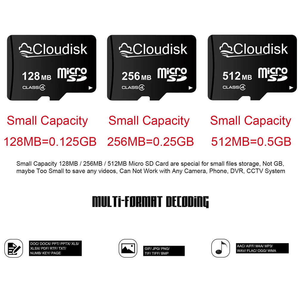 Cloudisk Small Capacity Micro SD Card 128MB 256MB 512MB (512MB=0.5GB) C4 Memory Card for MP3 Photos Small Files Only