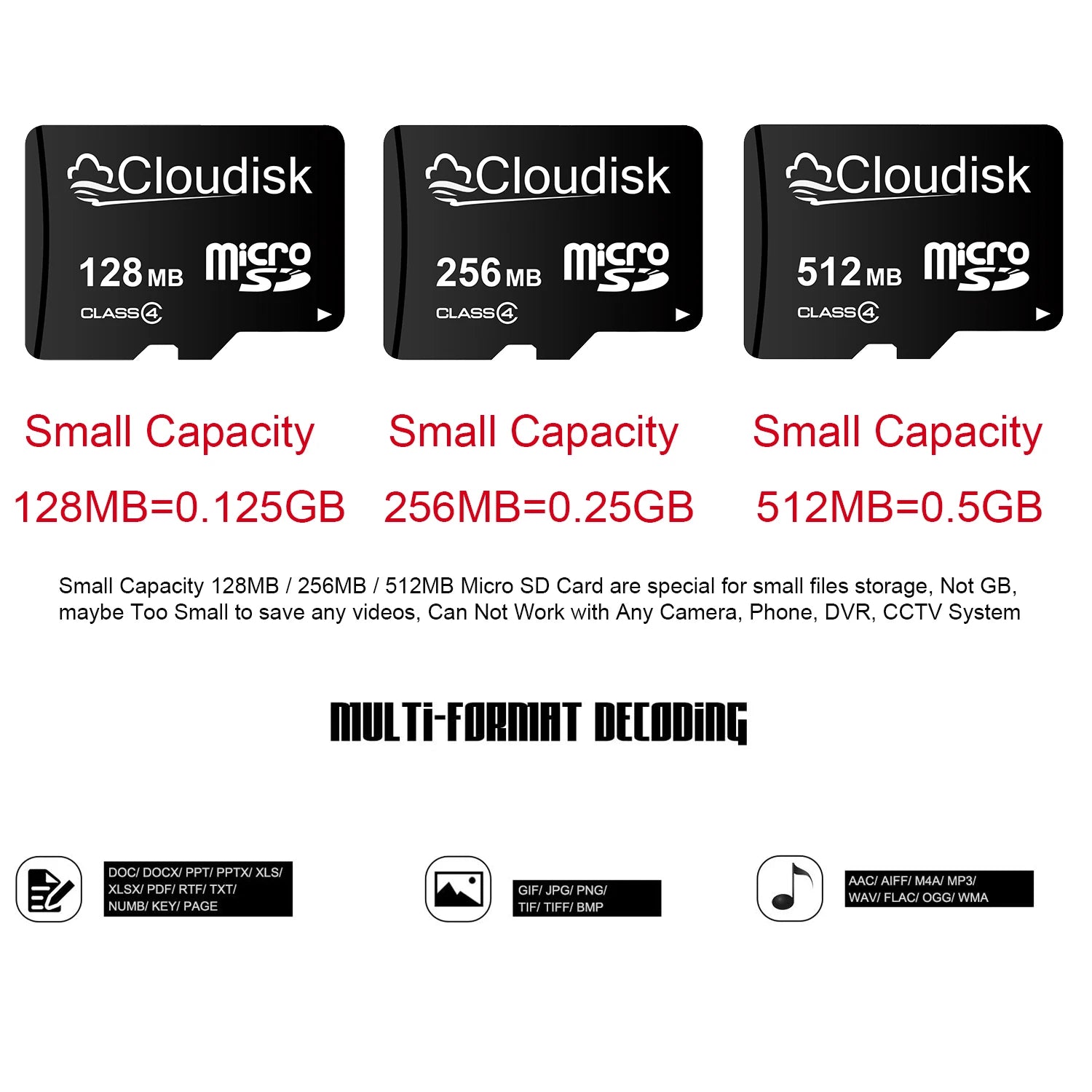 Cloudisk Small Capacity Micro SD Card 128MB 256MB 512MB (512MB=0.5GB) C4 Memory Card for MP3 Photos Small Files Only