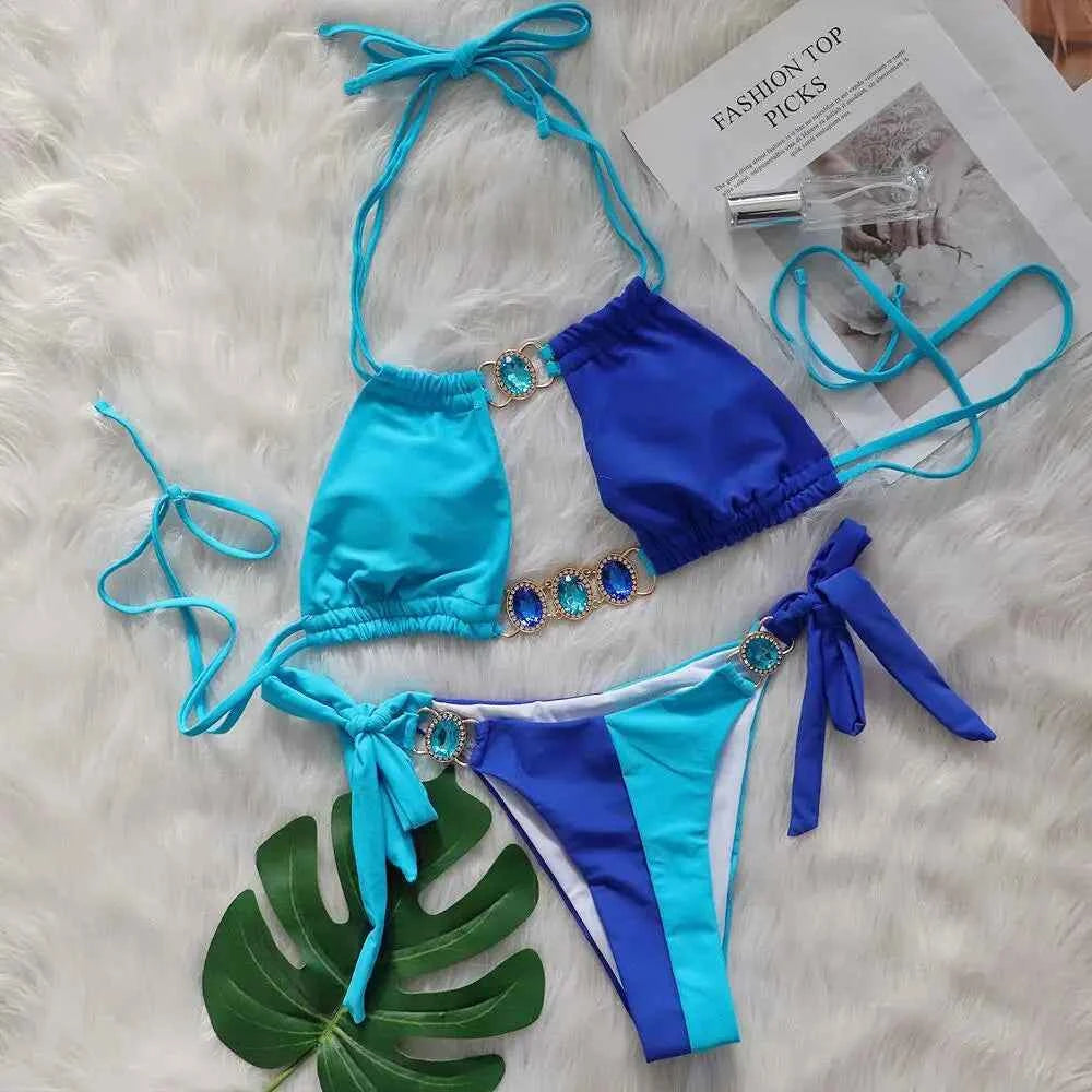 2026 Splicing Halter Diamond Bikini Women Swimsuit Female Swimwear Two Pieces Bikini Set Hollow Out Bathing Suit Swim Beach Wear