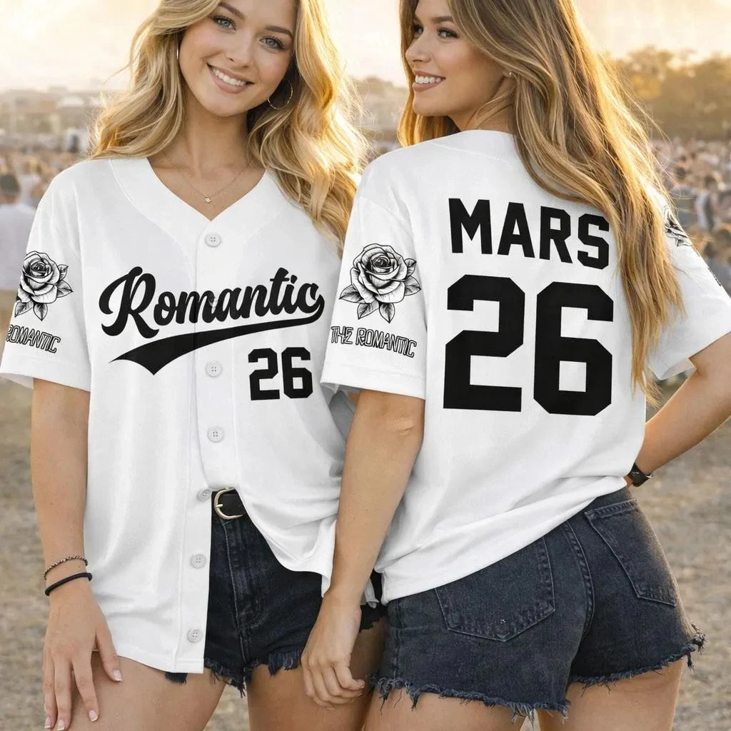 The Romantic Tour 2026 Baseball Jersey Bruno Mars Inspired Concert Tee Rose Print Casual T-shirt For Fans Kids Adults