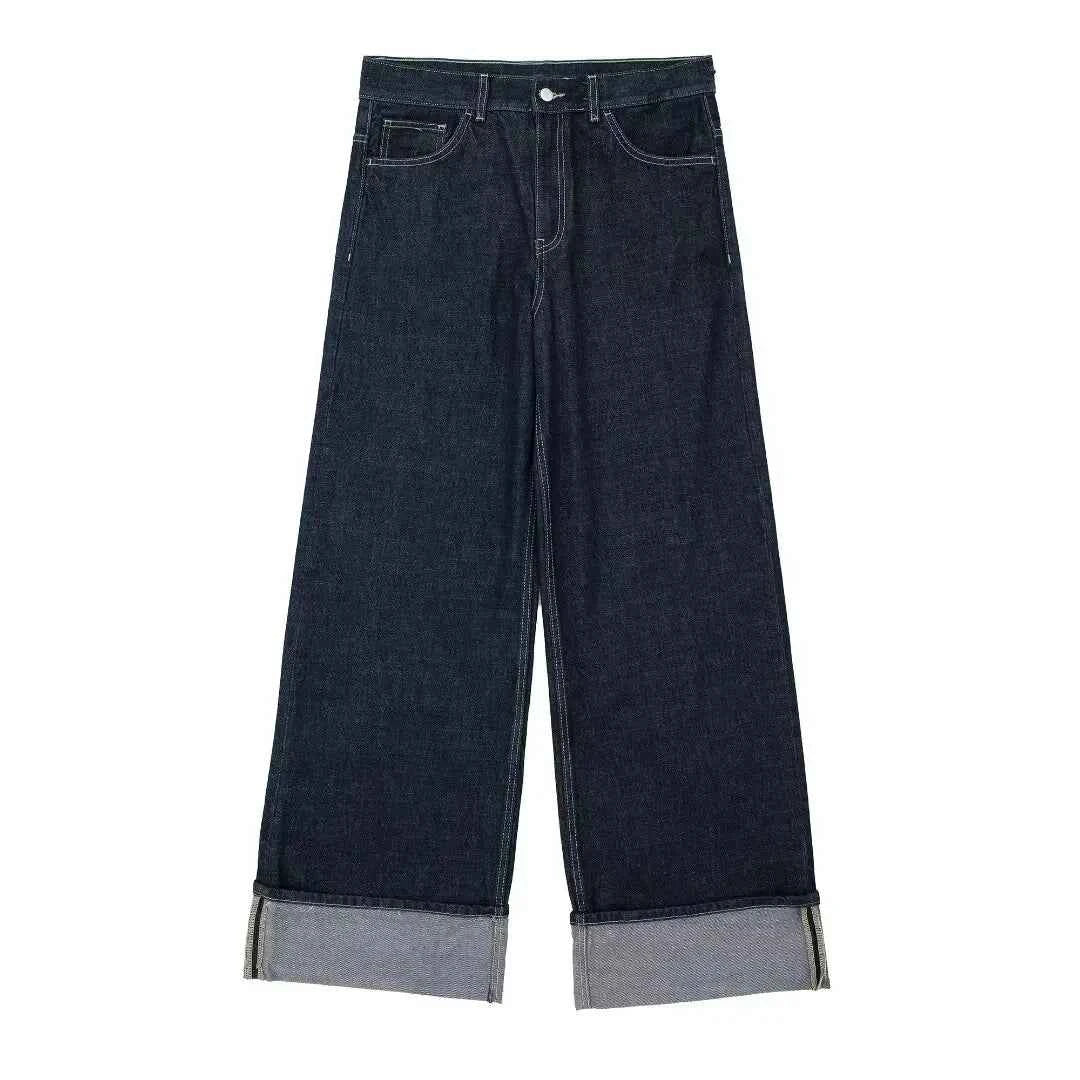 HH Women Fashion Denim Set Casual Lapel Long Sleeve Crop Jacket Buttons Female Vintage Wide Leg Loose Jeans Long Pants