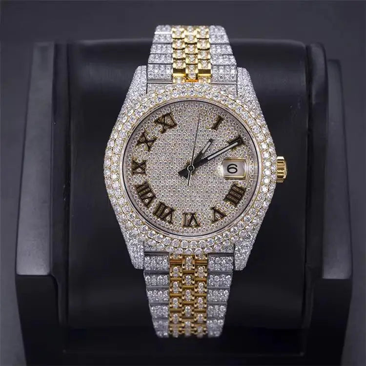 Iced Diamond Men's Luxury Watch Stainless Steel Band Roman Numeral Analog Quartz 40mm Round Case Sapphire Crystal Deployment