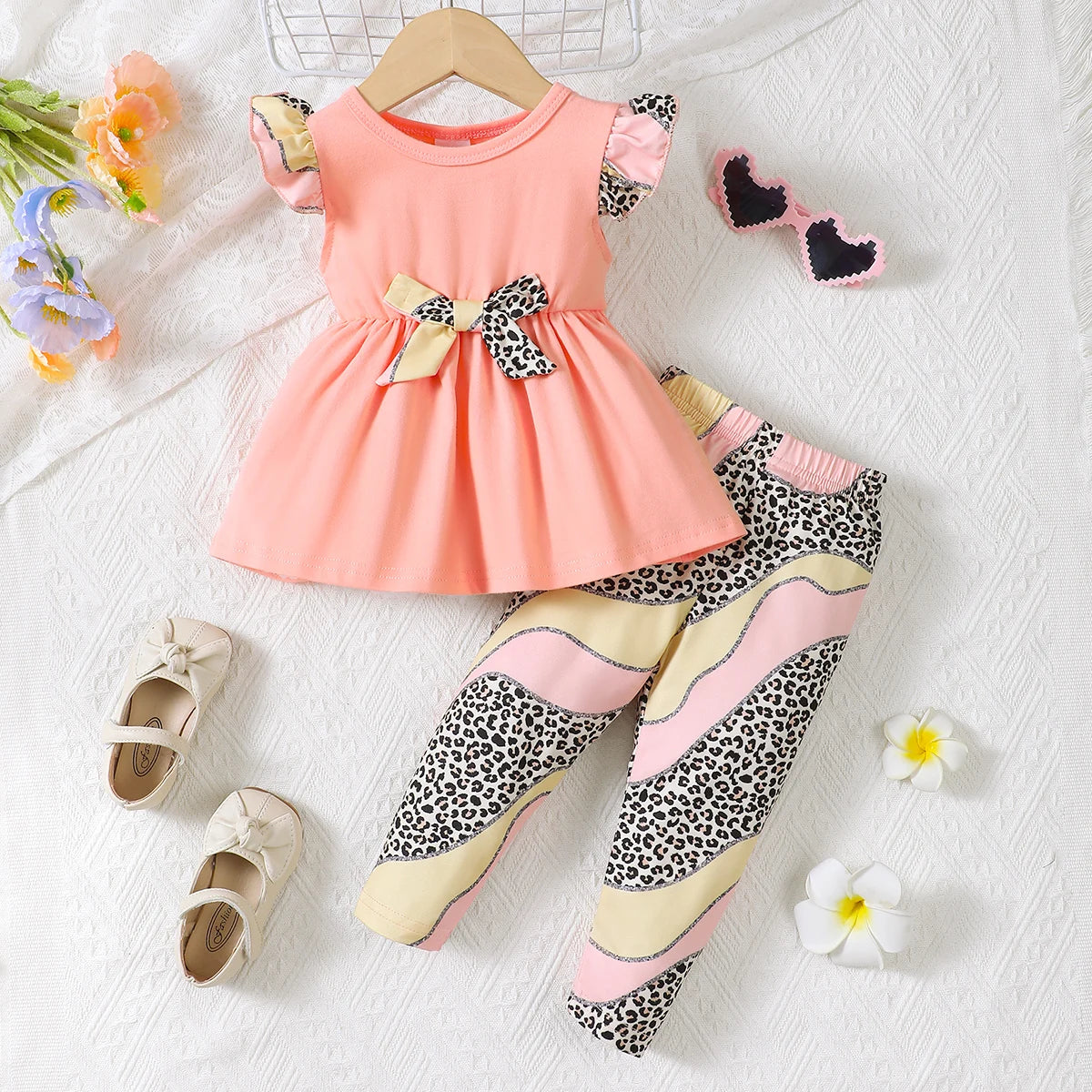New Baby Girl Casual Round Neck Sleeveless Dress Printed Pants Two Piece Set