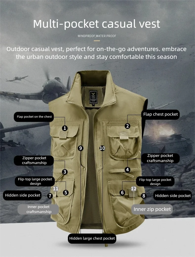 2025 Men's Outdoor Tooling Multi-Pocket Casual Outdoor Fishing Large Size Vest with Vertical Collar Breathable Quick-drying Vest