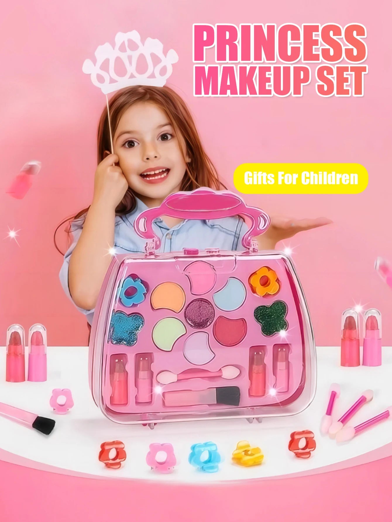 Kids Beauty Makeup Kit for Girls, Little Handbag Make-up Toys Princess Washable Pretend Play Cosmetic Set Toys Birthday Gifts
