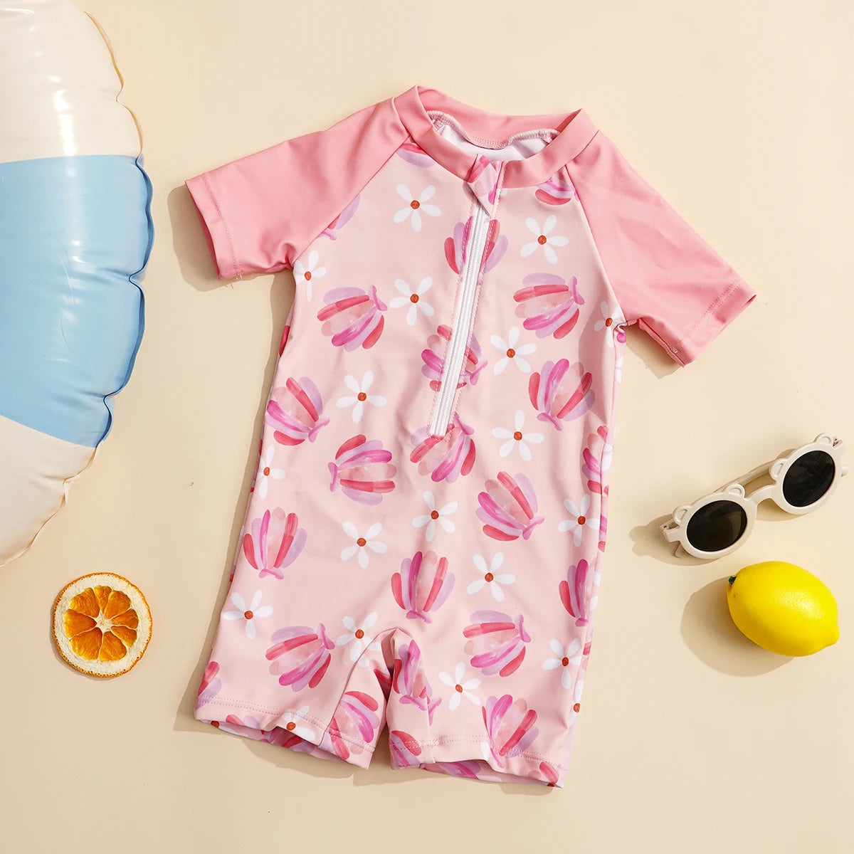 Happyflute Kids Short Sleeve One-Piece Swimsuit Quick Dry Toddler Summer Rash Guard with Shorts ，Sun Protection Suit