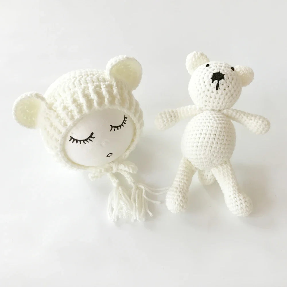 Newborn Photography Props Baby Bear Caps Rabbit Dolls Girls Boy Infant Baby Crochet Knitted Hat Photoshoot Accessories
