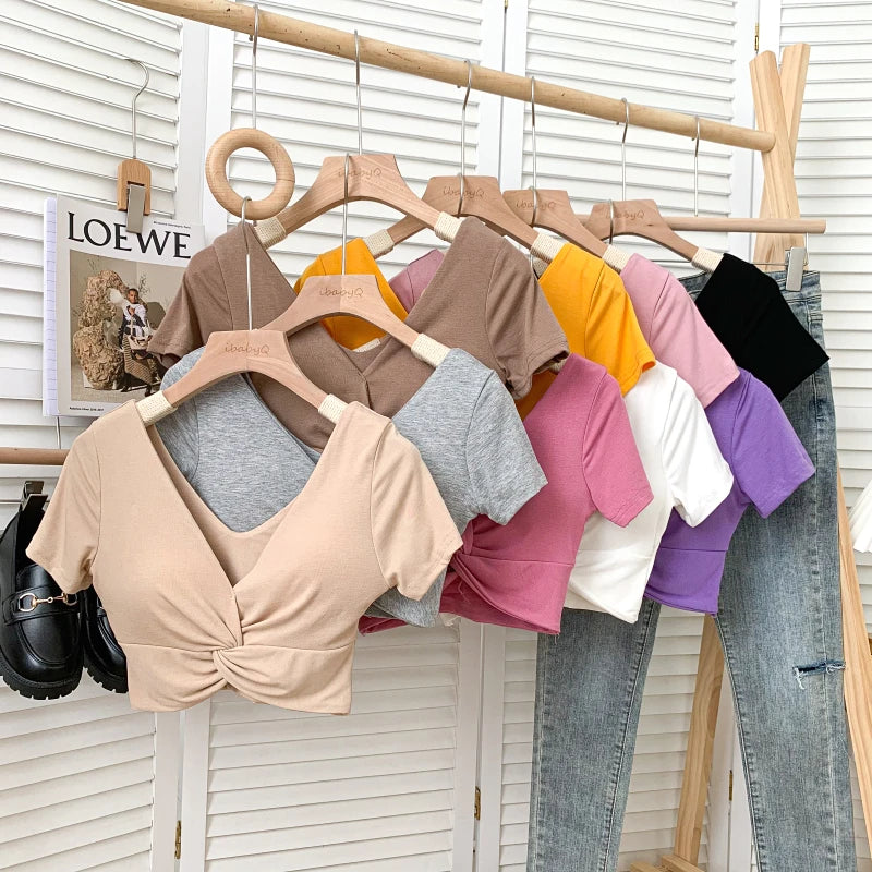 T Shirt  Woman Crop Tops Basic Short Sleeve Kawaii T Shirt Built In Bra Women Sexy Top Harajuku Korean Fashion