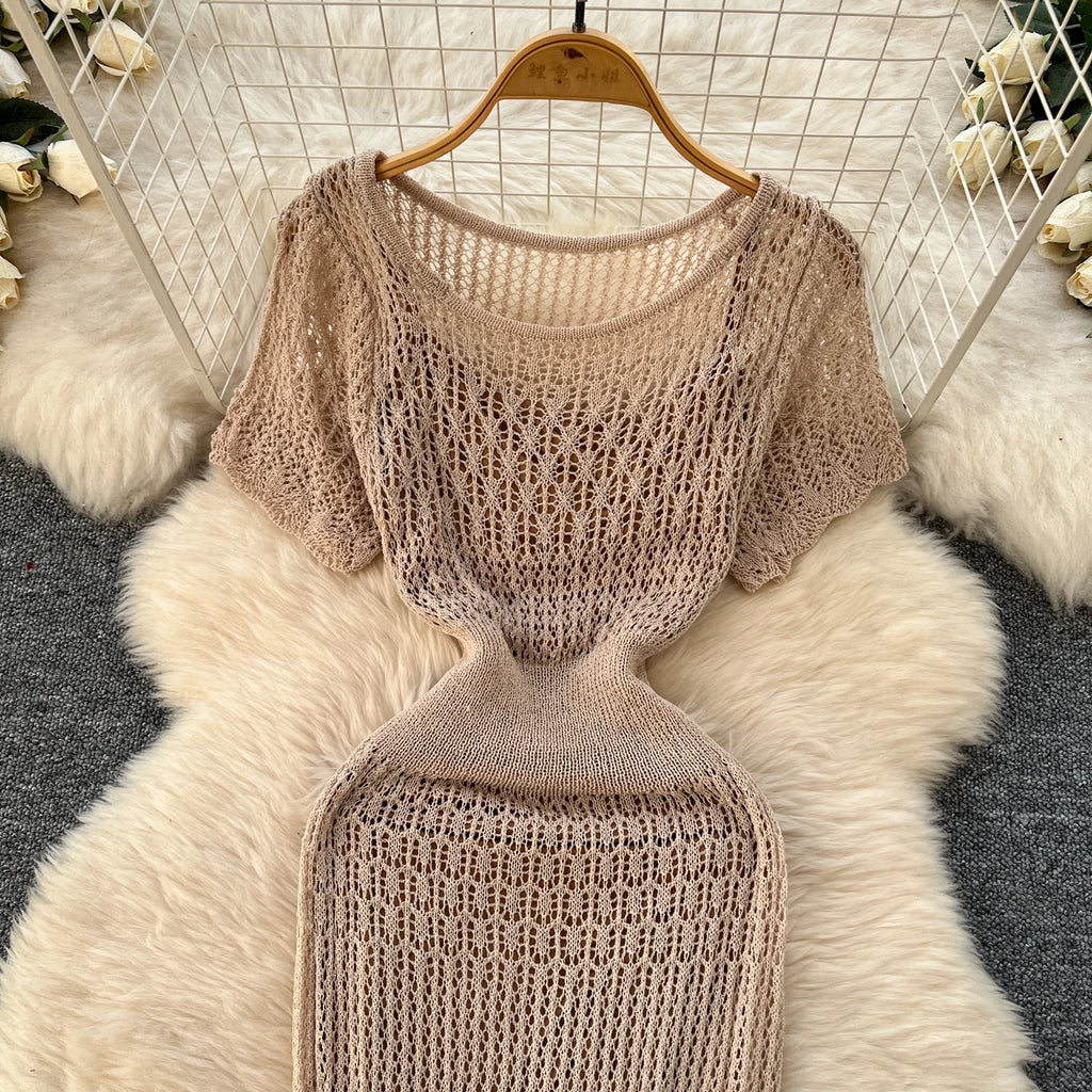 Women Hollow Knitted Dress Summer Flower Short Sleeved Fishtail Bodycon Dress with Camisole Dresses Vintage Party Long Robe