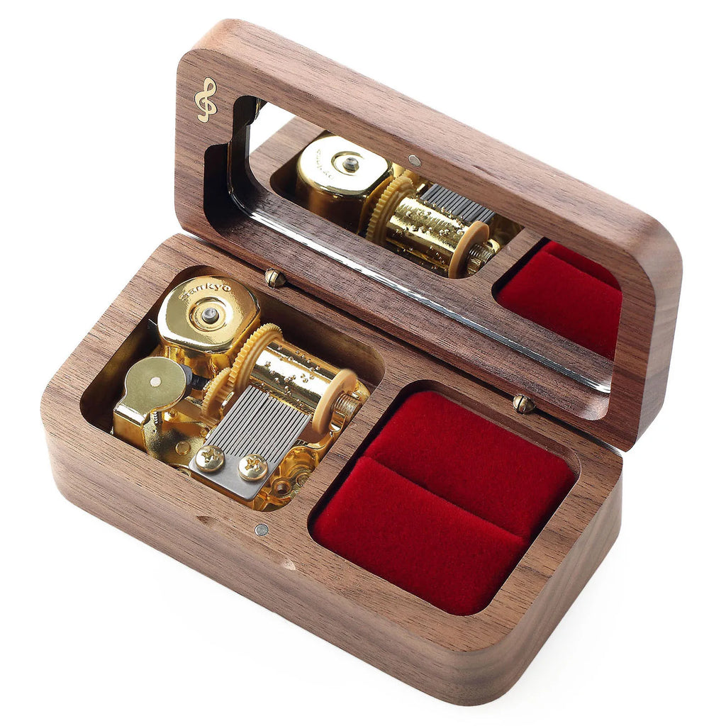 Roosiking Walnut Wooden Ring Box Music Box Jewelry Organizer Family Valentine's Day Christmas New Year Gift(Tune:Anastasia)