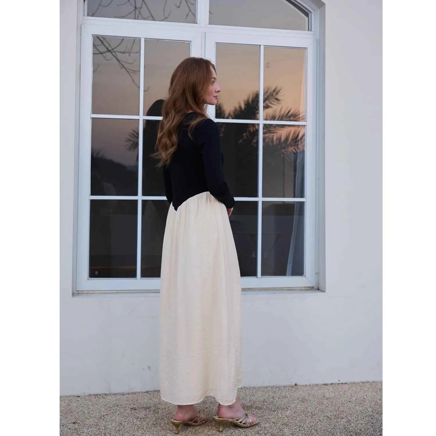 AP SS2026 Women Crinkle Dress Jersey Top Black Patchwork Apricot Elegant Lady Maxi Dress