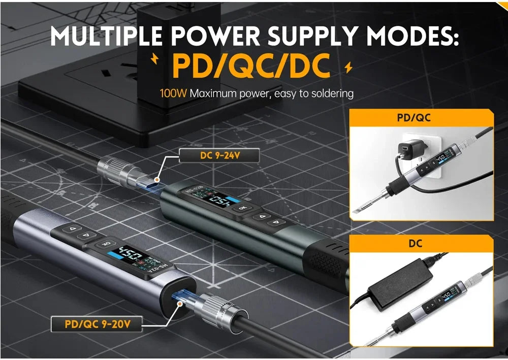 FNIRSI HS-02 Smart Electric Soldering Iron 100-450℃ Temp Adjustable PD 100W Portable Welding Rework Station Solding Irons Kit