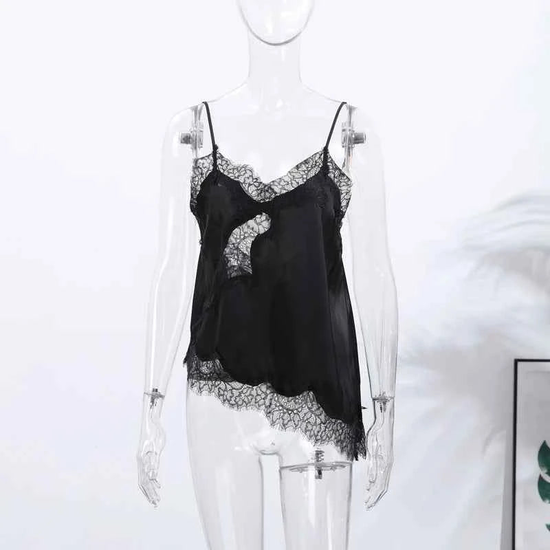 Summer Women Halter Top Satin Lace Spliced Tank Backless Deep Neck Sexy Vest Irregular Hem Vestidos 2025 Lady Vacation Sexy Tops