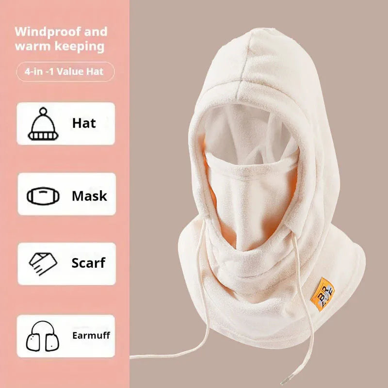 Beige Color Fleece Winter Balaclava Hat With Neck Warmer Face Mask