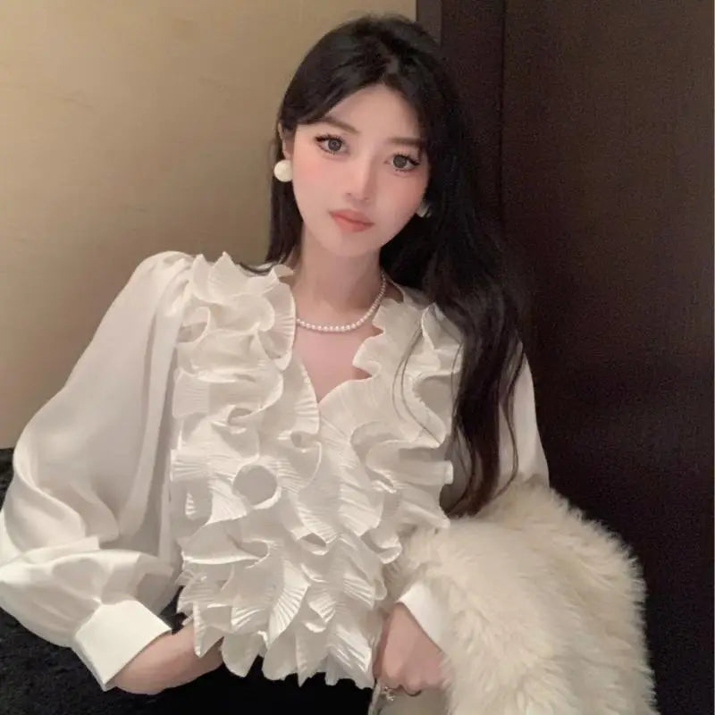 Temperament Lady Tops Blouses for Women V-neck Long Sleeve White Shirts 2025 Blusas Mujer De Moda Ruffles Loose Summer Blouse