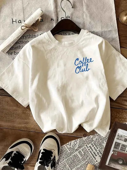 "Coffee Club" printed graphic T-shirt Women's casual round neck short-sleeved top white simple and versatile T-shirt Summer