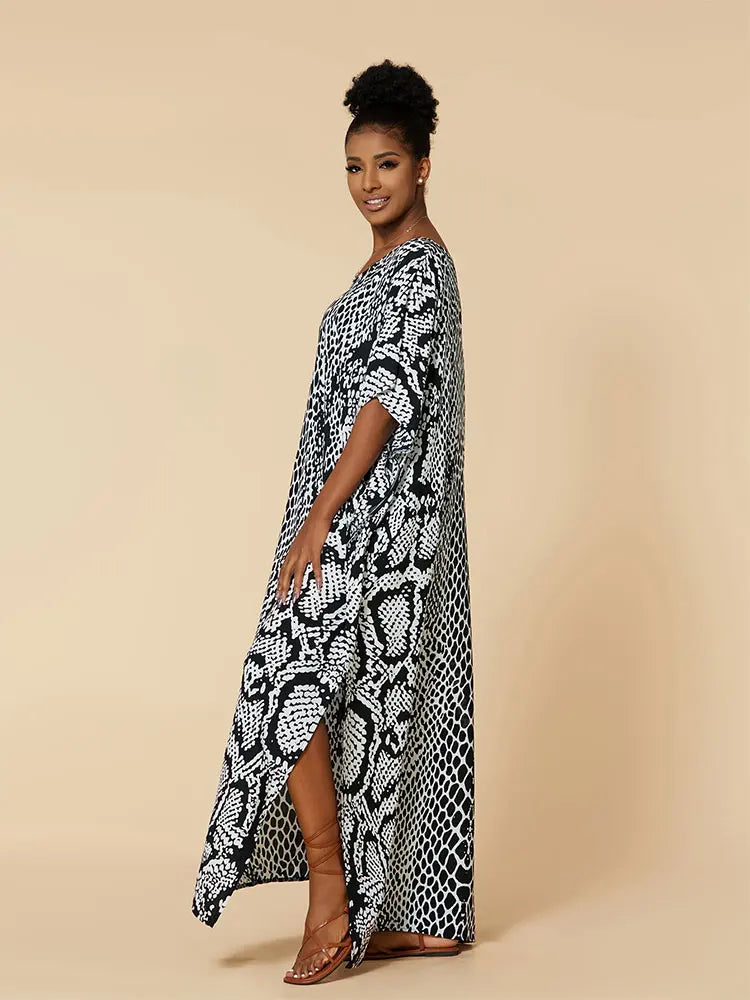 EDOLYNSA 2023 Bohemian Printed Loose Kaftan Casual Summer Vacation Maxi Dress Women Clothing Beach Wear Swim Suit Cover Up Q1469