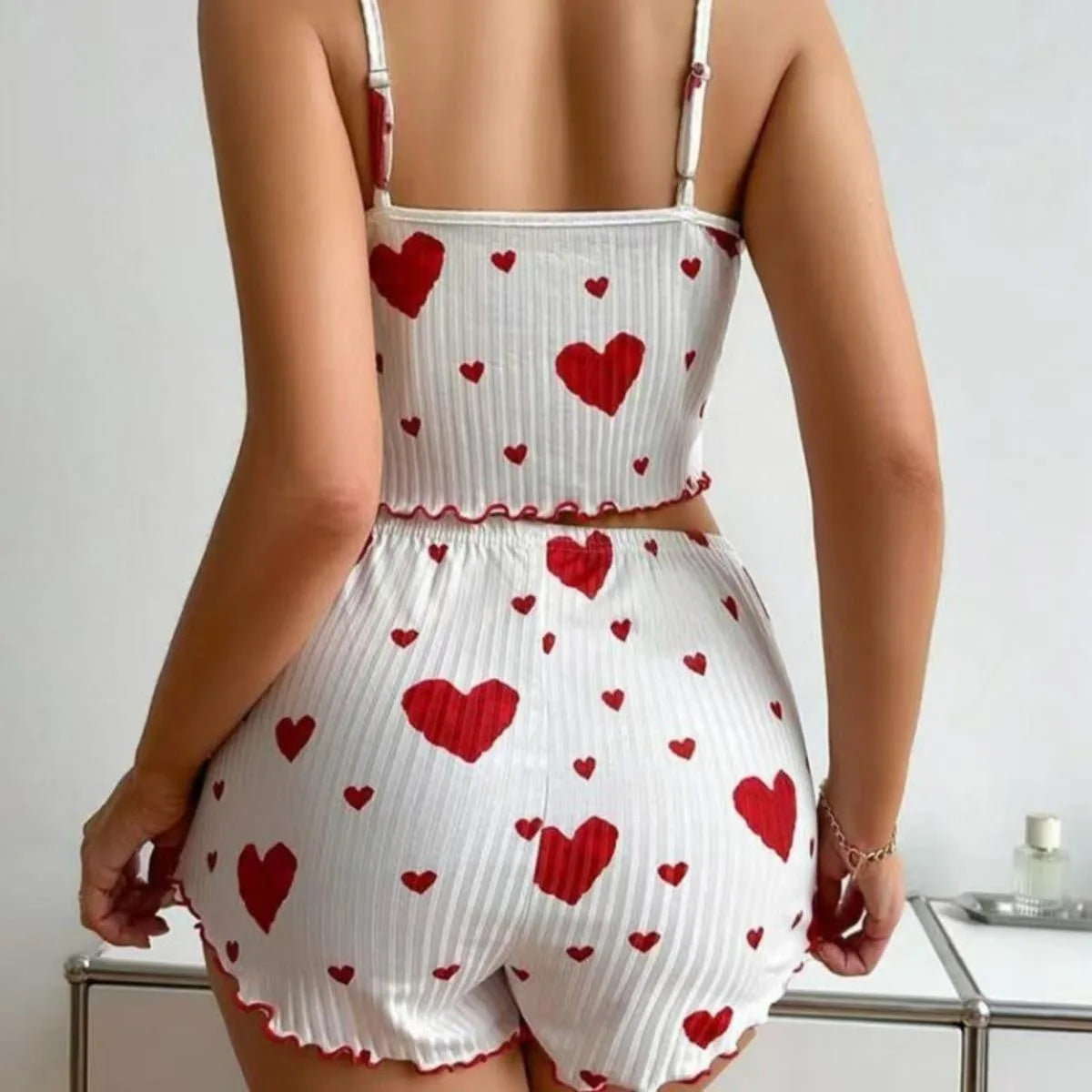Heart Print 2PCS Home Suit Women's Suspender Shorts Casual Fashion Nightwear Female pajamas Lightweight Love Sleepwear