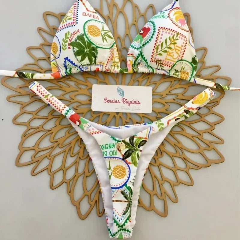 Print Sexy Bikini Sets Halter Lace-up Tops Thongs Beach Style Bathing Suit Y2k Swimsuits Women Beachwear Купальник Женский