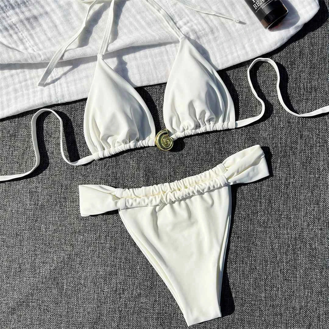 2025 Halter High Cut Leg White Bikini Women Swimwear Female Swimsuit Two-pieces Bikini set Padded Bather Bathing Suit Swim V6837