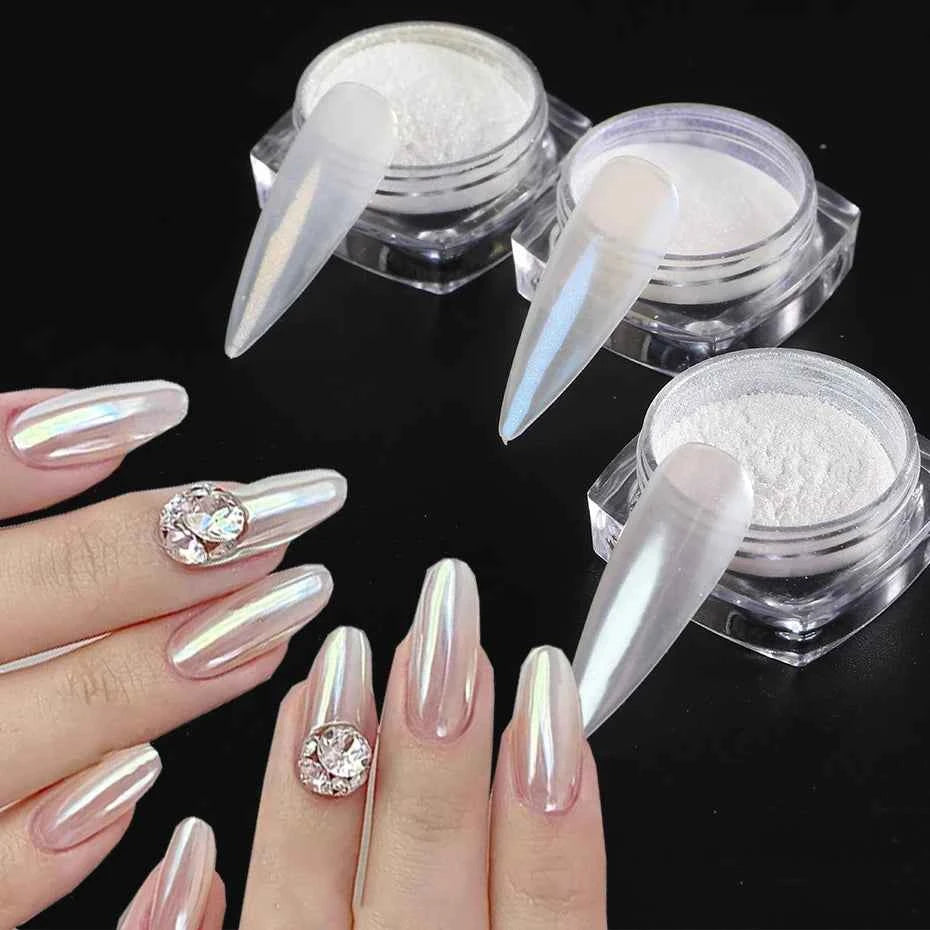 Moonlight Pearl White Nails Glitter Dust Chrome Aurora White Rubbing on Powder Shell Mirror Pigment Nail Art Supplies Decoration