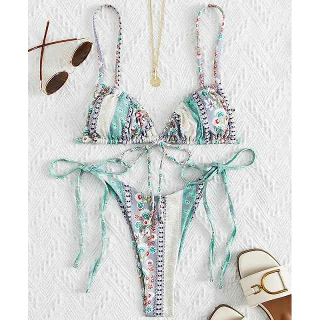 BIQIUYYI New Floral Print String Bandage Bikinis Triangle Cup Push Up Swimsuit Women Bathing Suit Beachwear Halter Swimwear XS
