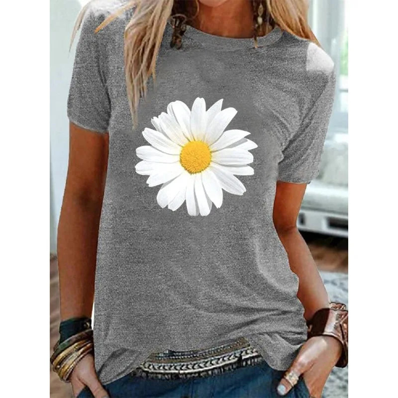 Cotton  100% Women's Round-neck Daisy Print Short-sleeved T-shirt for Women Harajuku  Aesthetic Clothes  Graphic T Shirts  Tops