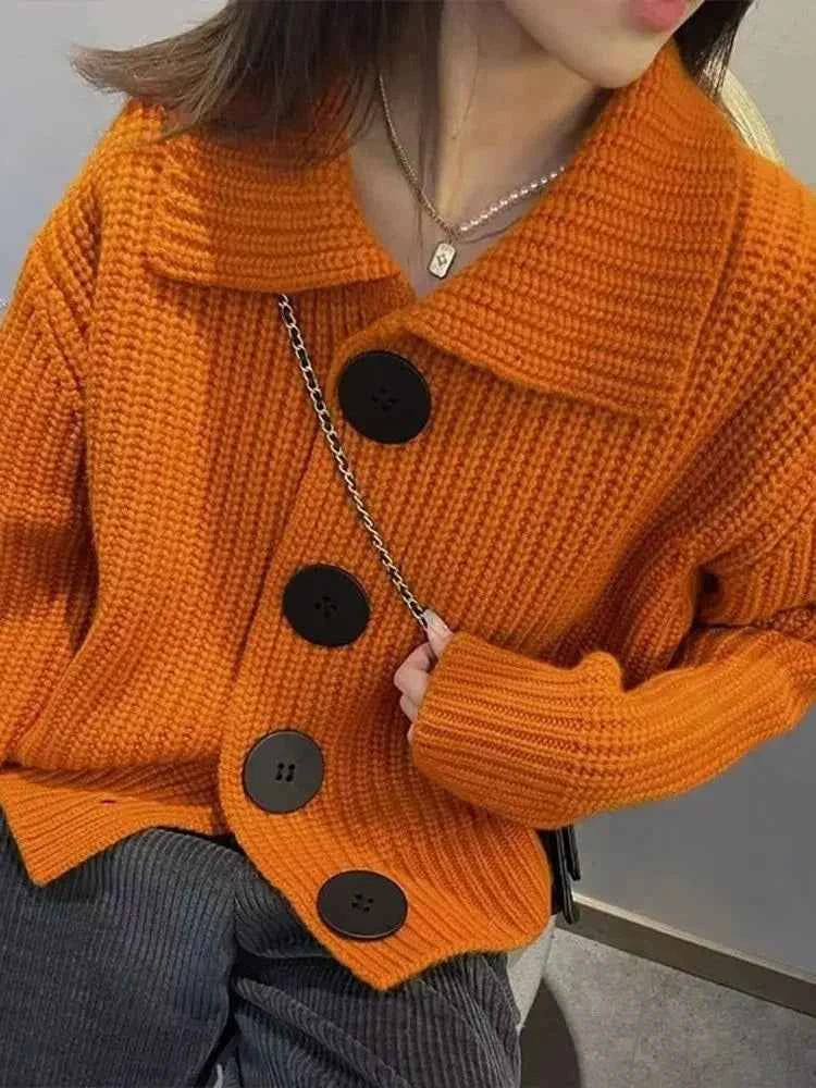 Temperament Fashion Sping Autumn New Sweaters Coats New Women Solid Lapel Button Korean Casual Long Sleeve Cardigan Knitted Tops
